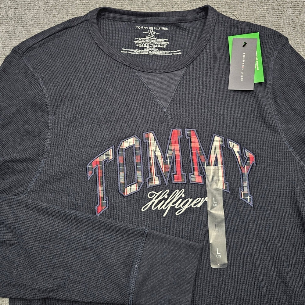 Tommy Hilfiger Thermal Shirt Mens Plaid Logo Waffle Knit Long Sleeve Navy L‎